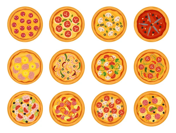 Pizza wektor włoski żywności z serem i pomidorem w pizzeria lub pizzahouse zestaw ilustracji upieczone ciasto we Włoszech na białym tle — Wektor stockowy