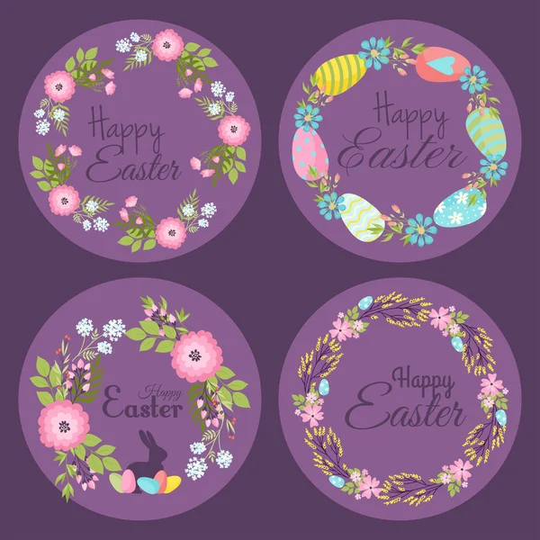 Happy easter main dessinée insigne lettrage main salutations décoration couronne naturelle printemps fleur vecteur illustration — Image vectorielle