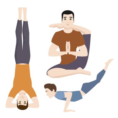 Yoga pozisyonları mans karakter sınıfı meditasyon erkek konsantrasyon insan barış yaşam tarzı vektör çizim.