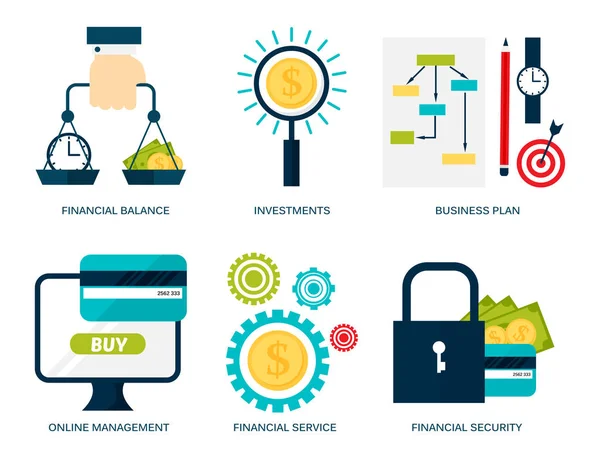 Banca dinero servicios financieros conjunto signo de crédito desarrollo acumulación en línea banco gestión de la inversión financiera vector ilustración . — Vector de stock