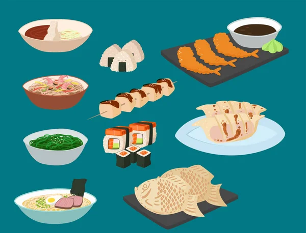 Japonsko vektor jídlo tradiční jídlo vaření kultura sushi roll a mořské plody oběd Japonská Asijská kuchyně ilustrace — Stockový vektor
