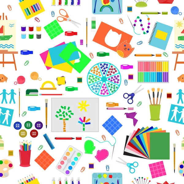 Creatividad infantil símbolos de creación objetos artísticos para niños creatividad trabajo hecho a mano vector de arte ilustración fondo de patrón sin costuras — Archivo Imágenes Vectoriales