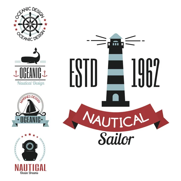 Sea marine vector nautical logo icons sailing themed label or with ship ribbons travel element graphic badges illustration. — Stock Vector