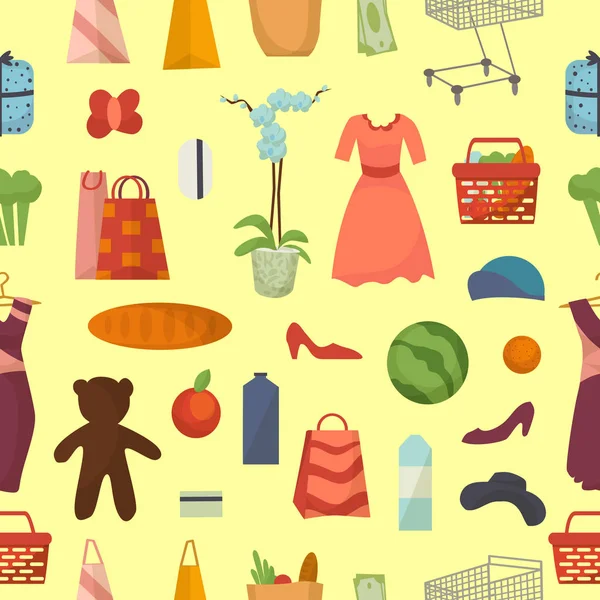 Web vector de compras conjunto de alimentos y productos de comercio tienda iconos patrón sin costuras vestido de fondo, juguetes, mercancías — Archivo Imágenes Vectoriales