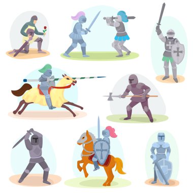 Şövalye vektör Ortaçağ şövalyelik ve şövalye karakter kümesiyle kask zırh ve knightage kılıç illüstrasyon şövalyelik adam beyaz arka plan üzerinde izole