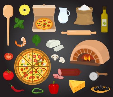 Peynir ve domates pizzaoven arka plan üzerinde izole İtalya'dan pişmiş pasta pizzacı veya pizzahouse resimde kümesi ile pizza vektör Italyan Mutfagi