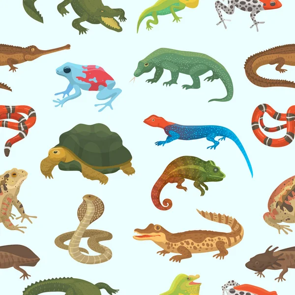 Vecteur reptile nature lézard animal faune sauvage caméléon, serpent, tortue, crocodile illustration de fond reptilien amphibien vert fond de motif sans couture — Image vectorielle