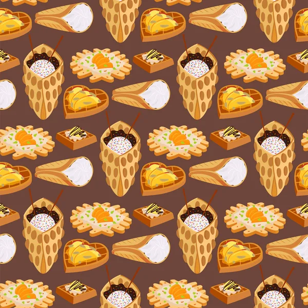 Galletas de oblea patrón inconsútil fondo pasteles de waffle galleta de pastelería galleta delicioso snack crema postre crujiente panadería comida vector ilustración — Vector de stock