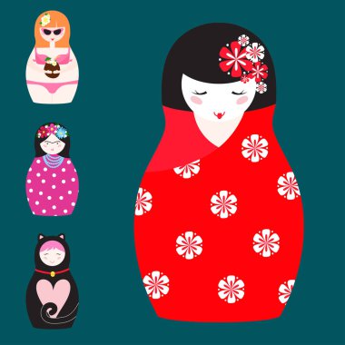 Matryoshka Geleneksel Rus iç içe bebek oyuncak çocuk yüz ve eşarp kadın hediye illüstrasyon ile el yapımı süs şekil desenli vektör.