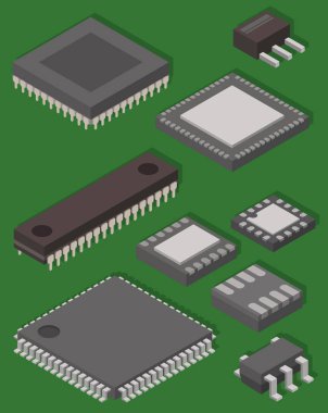 Mikroçip bilgisayar vektör izometrik çip teknolojisi işlemci devre elektronik Pano anakart bilgi sistemi çizim.