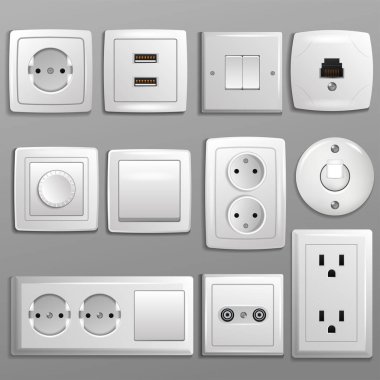 Soket ve anahtarı vektör elektrik prizine elektrik fişleri ve elektrik çizim güç yuva ve arka plan üzerinde izole anahtarlayıcıları farklı dizi