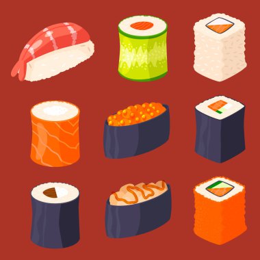 Vektör yiyecek ve Japon gurme deniz ürünleri geleneksel deniz yosunu taze çiğ aperatif illüstrasyon suşi rulo