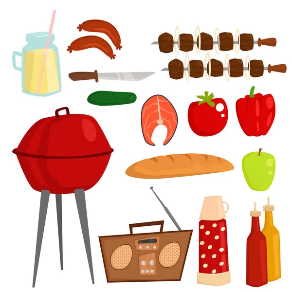 Barbacoa partido productos Barbacoa parrilla cocina al aire libre tiempo familiar cocina almuerzo vector ilustración — Vector de stock