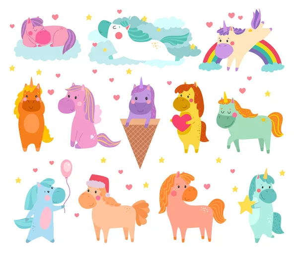 Pony vector de dibujos animados unicornio o bebé personaje de caballo femenino con cuerno y cola de caballo de colores en el amor ilustración conjunto de fantasía niño cola de caballo animal con corazón aislado sobre fondo blanco — Archivo Imágenes Vectoriales