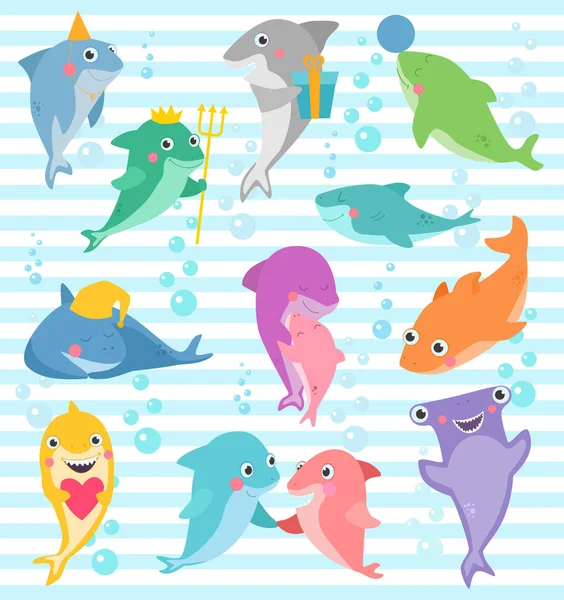 Tiburón vector de dibujos animados mariscos sonriendo con dientes afilados ilustración conjunto de carácter de pesca de amigo con regalo en fiesta de cumpleaños feliz aislado en el fondo marino — Archivo Imágenes Vectoriales