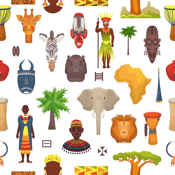 Personajes vectoriales de la cultura africana en la ropa tradicional en África con máscara tribal étnica o tambores en safari viajan vida silvestre con animales en sabana conjunto ilustración sin fisuras patrón de fondo — Vector de stock