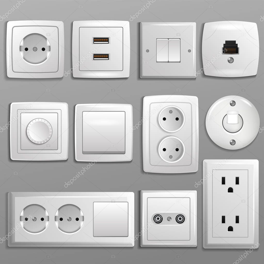 Socket and switch vector electrical outlet for electric plugs and electricity illustration set of different types of power sockets and switchers isolated on background