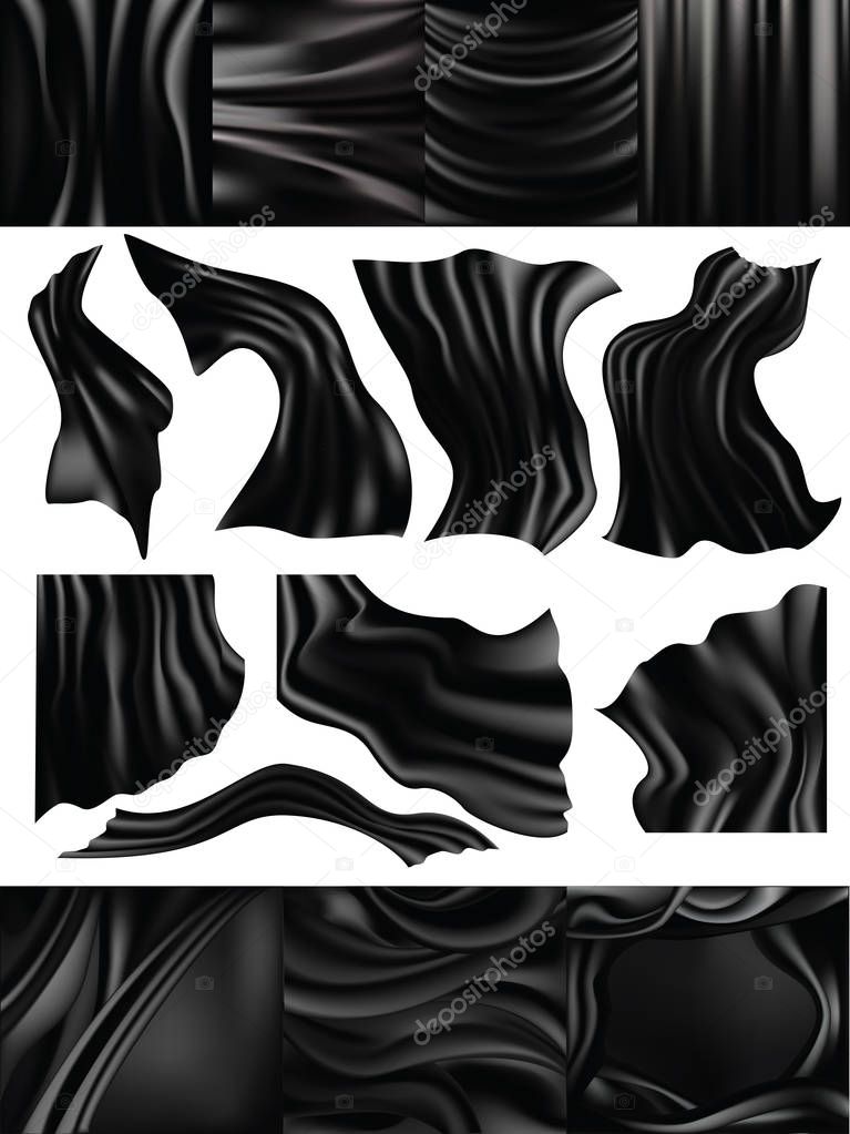 Silk vector black silky fabric and elegant dark satin material illustration set of drapery texture cloth flowing luxury isolated on white background