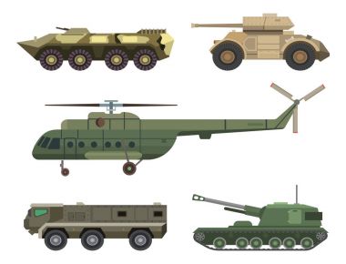 Askeri nakliye vektör araç teknik ordu savaş tankları ve sanayi zırh savunma ulaşım illüstrasyon silah.