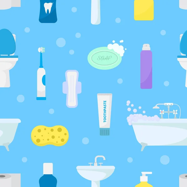 Higiene cuidado personal vector artículos de tocador conjunto de productos de baño higiénicos y accesorios de baño jabón champú o gel de ducha para el cuidado del cuerpo iconos ilustración patrón sin costuras fondo — Vector de stock