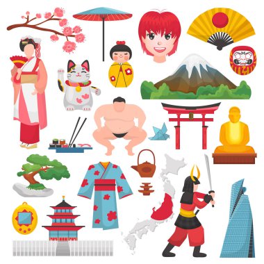 Japonya vektör Japon kültürü ve kimono içinde geyşa çiçeği sakura tokyo illüstrasyon beyaz arka plan üzerinde izole Japanization sembolleri sumotori karakter kümesi ile