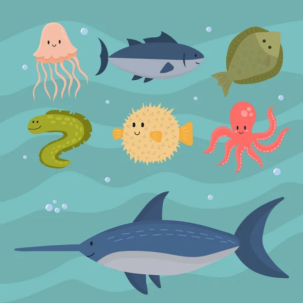 Mořští živočichové vektorové stvoření znaky kreslený oceánu divoké mořské podvodní akvárium život vody grafické vodní tropickou zvěř ilustrace. — Stockový vektor