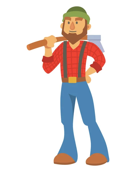 Woodcutter bearded lumberjack vector character with an ax in his hand logging equipment lumber industrial wood timber forest man illustration. — Stock Vector