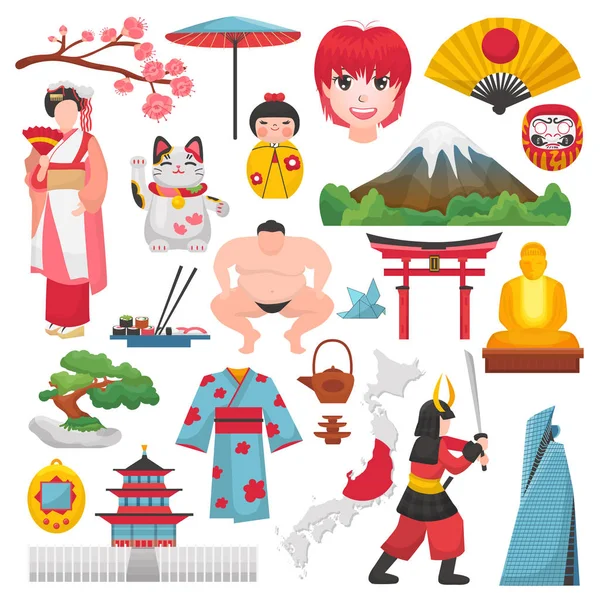 Japonya vektör Japon kültürü ve kimono içinde geyşa çiçeği sakura tokyo illüstrasyon beyaz arka plan üzerinde izole Japanization sembolleri sumotori karakter kümesi ile