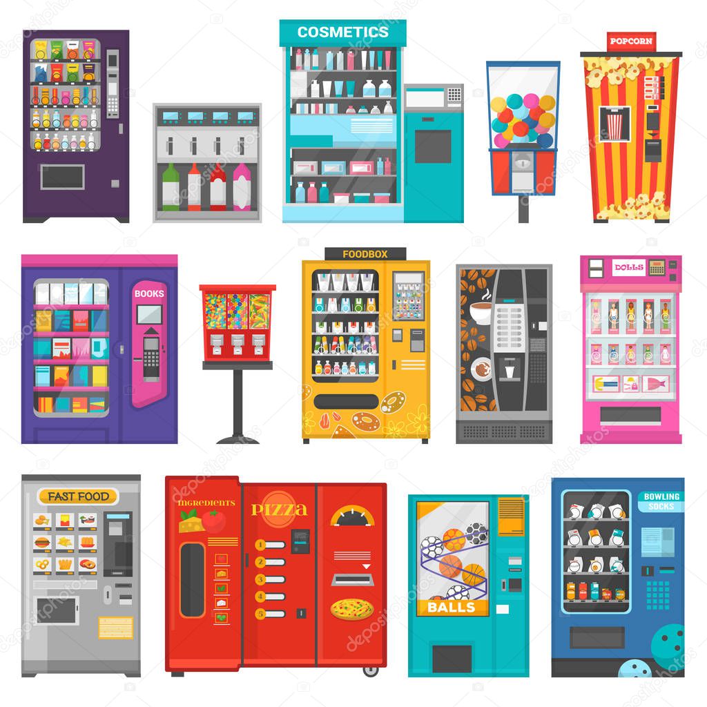 Vending machine vector vend food or beverages and vendor machinery technology to buy snack or drinks illustration set isolated on white background