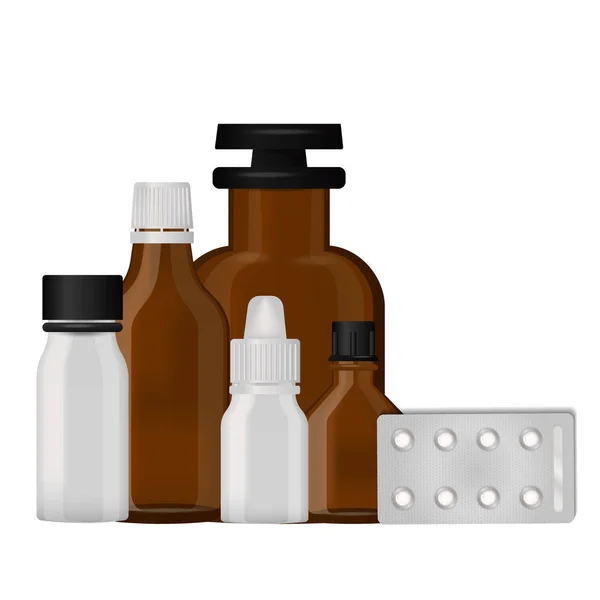 Envase de botella plantilla maqueta en blanco blister farmacéutico de pastillas y cápsulas contenedor de tubo para medicamentos embalaje de plástico limpio para la ilustración vector de medicamentos . — Vector de stock