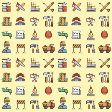 İnşaat Vektör Lineer evrensel öğeler ve alt ekipman düz sanayi araçlar Dikişsiz desen arka plan illüstrasyon.
