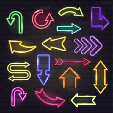 Neon ok vektör parlayan oklar ve ışıklı ok uçları yön illüstrasyon izole üzerinde arka plan aşağı farklı renkteki lanetli işaretçi tasarım kümesi