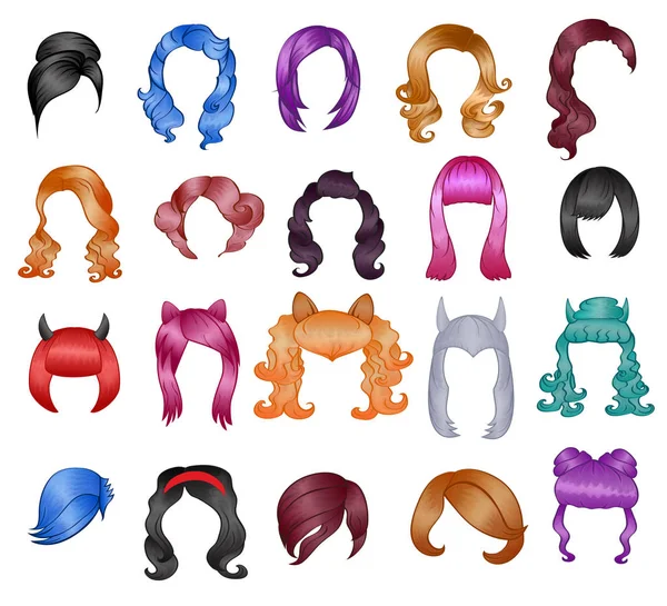 Mulher penteado perucas vetor halloween corte de cabelo e feminino falso estilo de cabelo ou bobwig ilustração cabeleireiro ou corte de cabelo com coloração para carnaval isolado no fundo branco —  Vetores de Stock