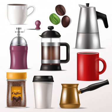 Kahve Kupası vektör kupa için sıcak espresso ve içecek ile coffeeshop illüstrasyon kafein kahve-taşlama fasulye için küme veya beyaz arka plan üzerinde izole basın Fransız