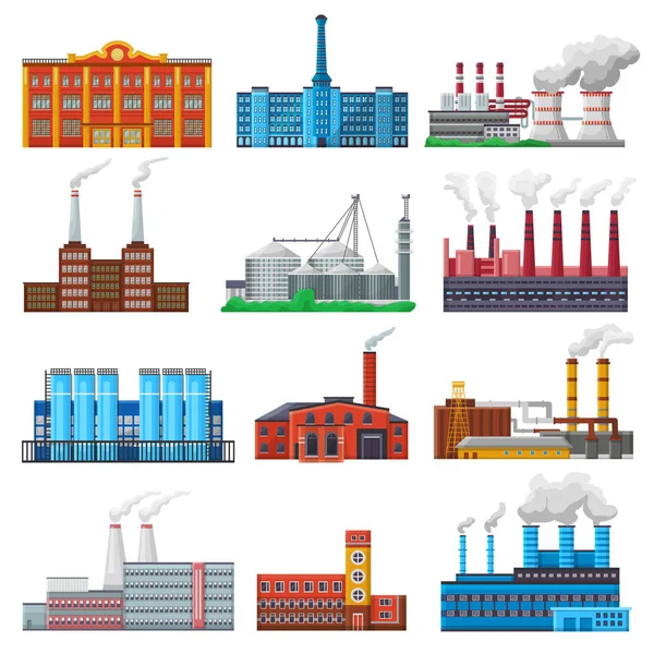 Εργοστάσιο διάνυσμα βιομηχανικό κτίριο και τη βιομηχανία ή την κατασκευή με μηχανική δύναμη εικονογράφηση σύνολο κατασκευή κατασκευή παράγουν ενέργεια ή η ηλεκτροπαραγωγή που απομονώνονται σε λευκό φόντο — Διανυσματικό Αρχείο