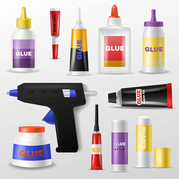 Glue vector gluestick and gluely liquid in bottle or plastic tube for glueing paper illustration set of superglue for fixing isolated on white background — Stock Vector