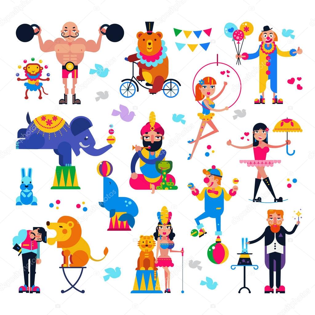 Circus people vector acrobat or clown and trained animals characters in circus-tent illustration set of magician and circusman with lion or elephant isolated on white background