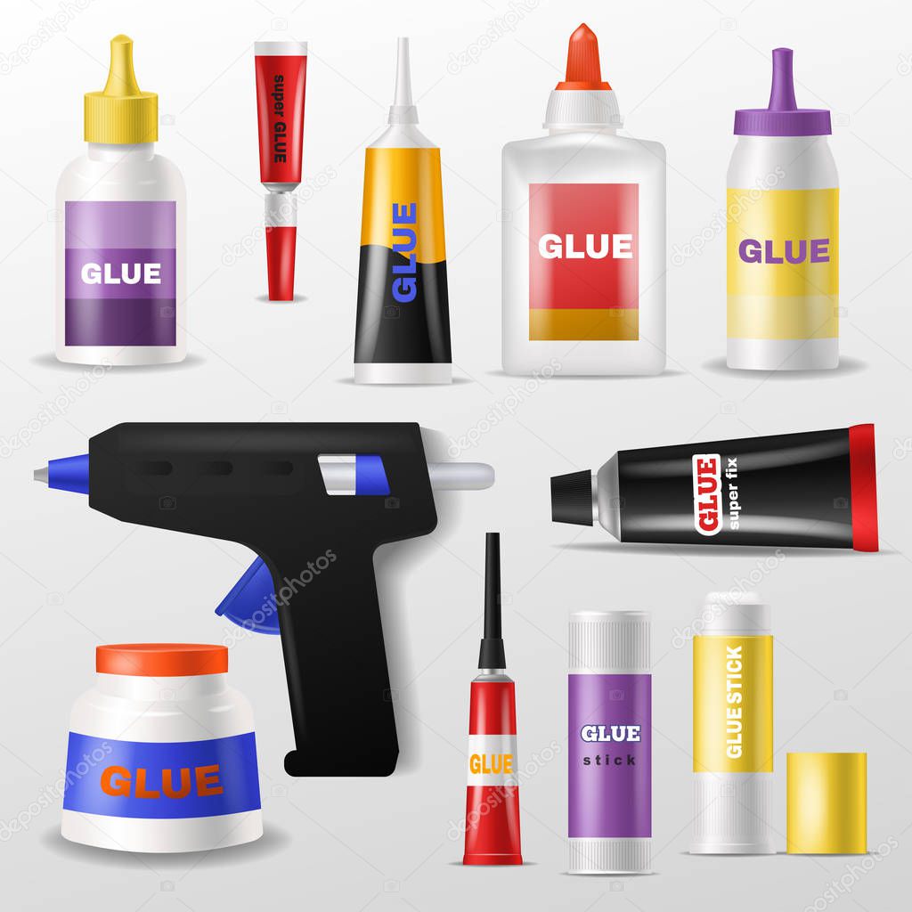 Glue vector gluestick and gluely liquid in bottle or plastic tube for glueing paper illustration set of superglue for fixing isolated on white background