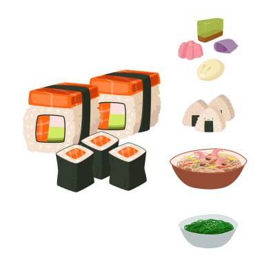 Japonya vektör yiyecek geleneksel yemek pişirme kültür suşi rulo ve deniz ürünleri yemek Japon Asya Mutfağı illüstrasyon