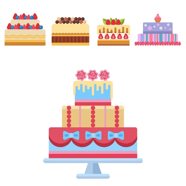Pastel de boda pastel dulces postre panadería plana estilo simple aislado vector ilustración . — Vector de stock