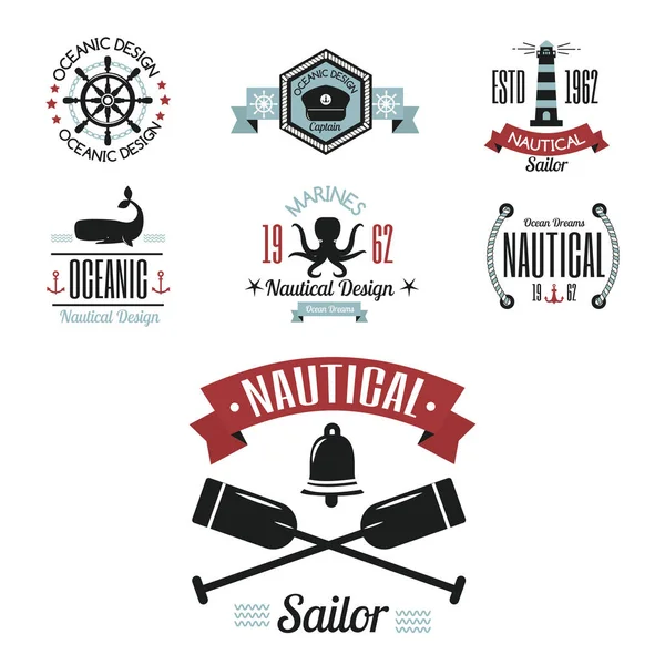 Στη θάλασσα θαλάσσιο διανυσματικές εικόνες ναυτικών λογότυπο ιστιοπλοΐα με θέμα ετικέτα ή με κορδέλες πλοίο ταξίδια στοιχείο γραφικού κονκάρδες εικονογράφηση. — Διανυσματικό Αρχείο