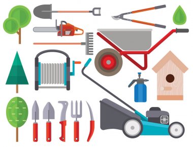 Bahçe ekipmanları düz set vektör bahçıvan karakteri ile komisyon illüstrasyon tarım tarım araçları