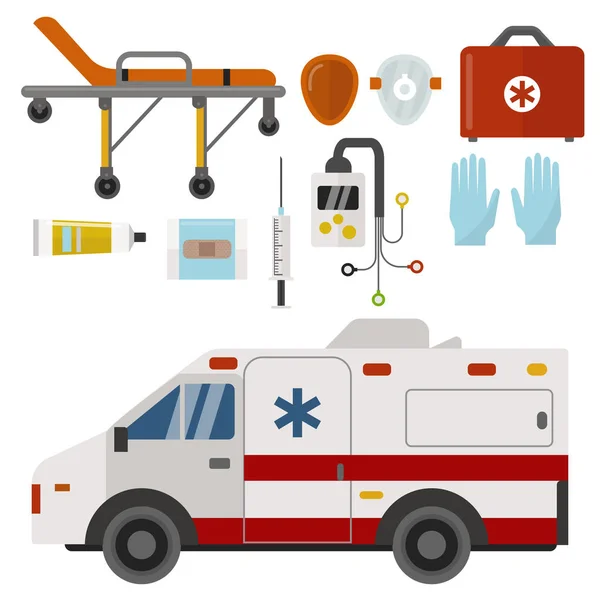 Ambulance icons medicine health emergency hospital urgent pharmacy medical support paramedic treatment vector illustration — Stock Vector