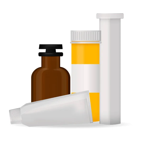 Modèle d'emballage de bouteille maquette blister pharmaceutique vierge de pilules et capsules récipient à tube pour médicaments emballage en plastique propre pour vecteur de médicaments illustration . — Image vectorielle