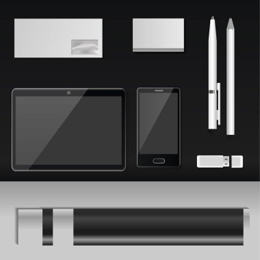 Kurumsal kimlik mock-up vektör premium şablonu illüstrasyon marka iş Ofis Kırtasiye gerçekçi 3d mockup üstten görünüm ayarlama.