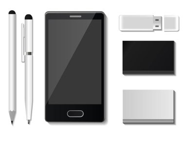 Kurumsal kimlik mock-up vektör premium şablonu illüstrasyon marka iş Ofis Kırtasiye gerçekçi 3d mockup üstten görünüm ayarlama.