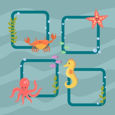 Deniz hayvanları yaratıklar karakter karikatür okyanus yaban hayatı deniz sualtı akvaryum hayat su grafik su tropikal hayvanlar illüstrasyon vektör.