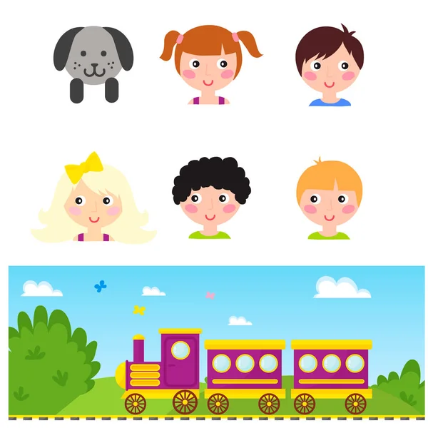 Niños tren vector juguete de dibujos animados con bloques de locomotora colorido vagón juego diversión ocio regalo niños transporte ilustración . — Archivo Imágenes Vectoriales
