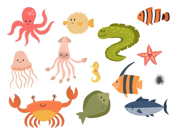 Animaux marins créatures vectorielles personnages dessin animé océan faune marine sous-marin aquarium vie aquatique graphique aquatiques bêtes tropicales illustration . — Image vectorielle