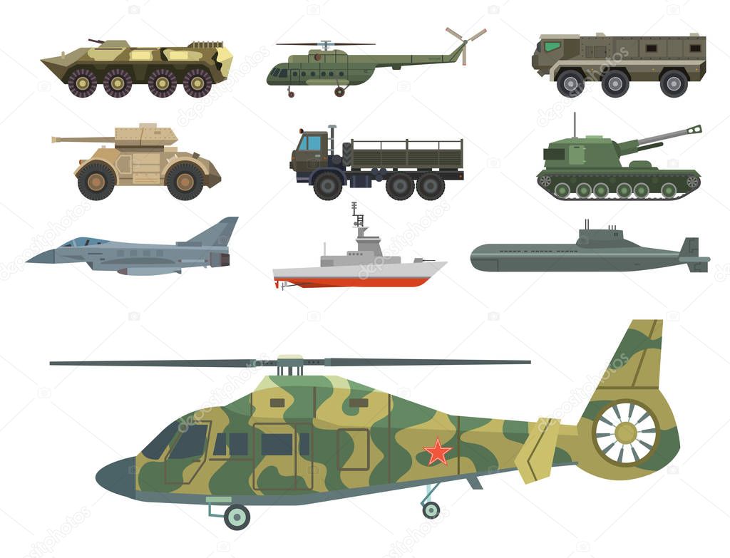 Military transport vector vehicle technic army war tanks and industry armor defense transportation weapon illustration.